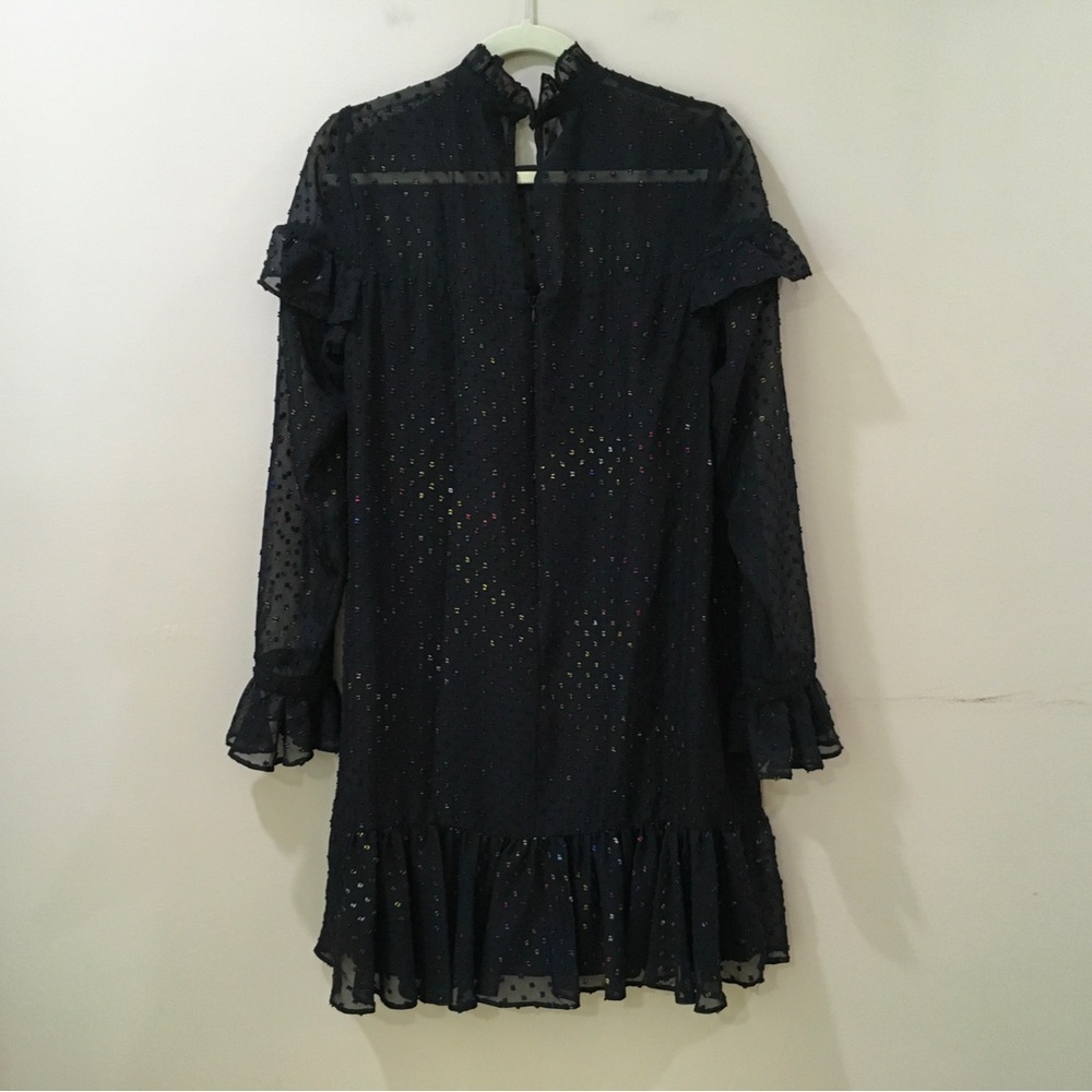 BETSEY JOHNSON women's black rainbow glitter dotted high neck ruffle dress SZ 10 - Picture 3 of 7